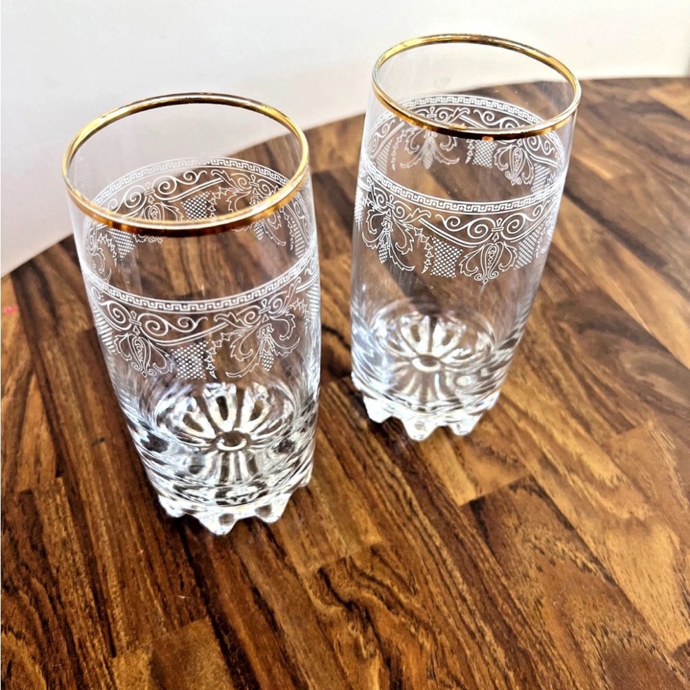 Cellini Vintage Barware 24k Gold Rim Home Essential Highball Tumbler Set of 2